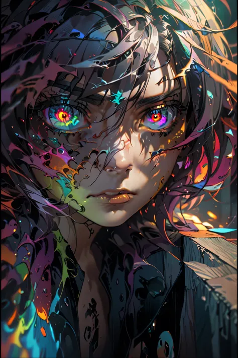 insanity-angle, Heterochromatic pupils, yoneyama artstyle, detailed portrait, intense gaze, disheveled hair, intricate facial features, piercing eyes, disturbed expression, unsettling atmosphere, moody lighting, dark fantasy, digital painting, 4k, hyper-de...