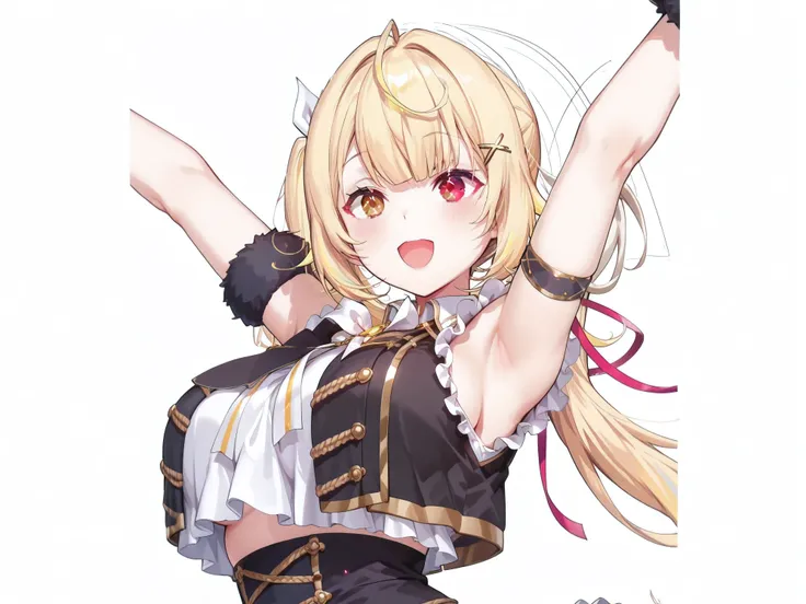 nijisaracos,white shirt,frills shirt,shirt overhang,sleeveless,black vest,crop top vest,open vest,aiguillette,gold trim,white bow,yellow brooch,high-waist skirt,white skirt,frilled skirt,layered skirt,single thigh strap,fur-trimmed gloves,nijisara,large br...