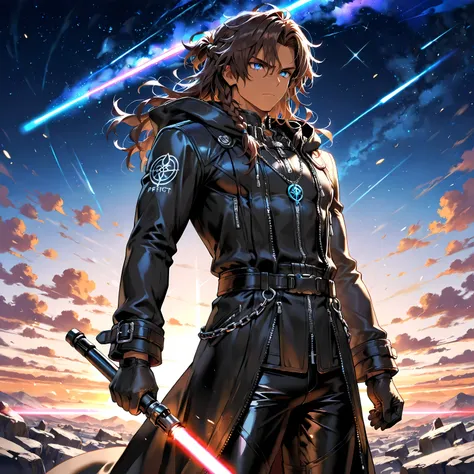 masterpiece , best quality , 1male , 18 Year Old , male focus , solo , subtle muscle , dark caramel skin , brown hair , medium wavy messy hair , side braid , tied back half updo hair , vibrant blue eyes , (perfect eyes) , serious expression , black clothin...