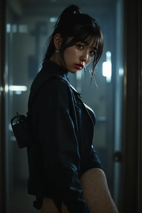 (((dark inside the spaceship Nostromo:2.0))),(((HR Giger-esque cyberpunk atmosphere:2.0))),((((Side view from back:2.0)))),(((looks back at camera:2.0))),(((looking back over your shoulder:2.0))),((Full Body:2.0)),one woman,(cute face:1.5),(Beautiful well-...