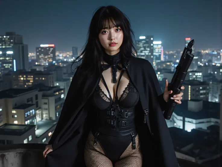 (((Midnight Future City Rooftop:2.0))),(((HR Giger-esque cyberpunk atmosphere:2.0))),(((Holding a cyberpunk-like Japanese sword:2.0))),standing in the teacher's house,one woman,(cute face:1.5),(Beautiful well-balanced face :1.5),(Wavy Black Hair:1.5),(beau...