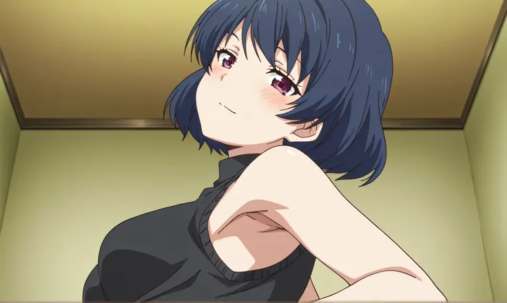 masterpiece, best quality, amazing quality, anime screencap, anime coloring, 1girl, solo, tachibana rui, medium breasts, short hair, blue hair, choppy bangs, purple eyes, black sweater, sleeveless sweater, bare shoulders, bare arms, armpit, armpit focus, h...