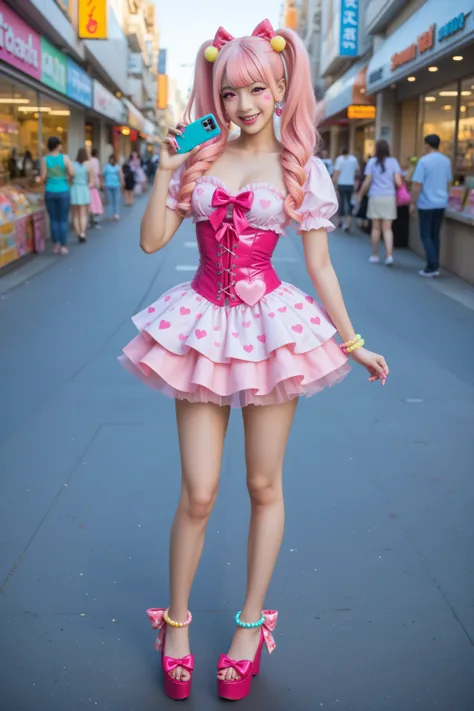 adult woman, neon-pink ringlet twin-tails, oversized sequin bow with chain fringe, himegyaru + decora, satin corset with lace trim, layered pastel tulle micro skirt, lace thigh-highs with pearl-chain anklet, pastel platform mary-janes, decorated flip-phone...