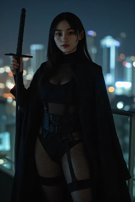 (((Midnight Future City Rooftop:2.0))),(((HR Giger-esque cyberpunk atmosphere:2.0))),(((Holding a cyberpunk-like Japanese sword:2.0))),standing in the teacher's house,one woman,(cute face:1.5),(Beautiful well-balanced face :1.5),(Wavy Black Hair:1.5),(beau...