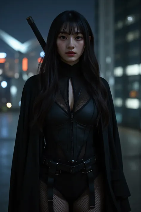 (((Midnight Future City Rooftop:2.0))),(((HR Giger-esque cyberpunk atmosphere:2.0))),(((Holding a cyberpunk-like Japanese sword:2.0))),standing in the teacher's house,one woman,(cute face:1.5),(Beautiful well-balanced face :1.5),(Wavy Black Hair:1.5),(beau...