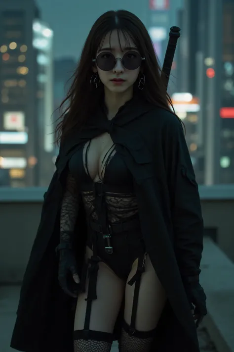 (((Midnight Future City Rooftop:2.0))),(((HR Giger-esque cyberpunk atmosphere:2.0))),(((Holding a cyberpunk-like Japanese sword:2.0))),standing in the teacher's house,one woman,(cute face:1.5),(Beautiful well-balanced face :1.5),(Wavy Black Hair:1.5),(beau...