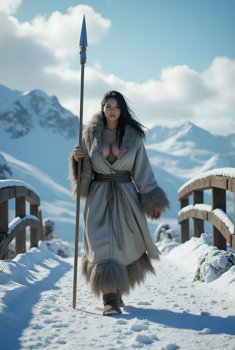 Ancient prehistoric age era, 

((Realistic cinematography ultra wide intricately angle of snowy bridge land on the landscape background)),walking body pose,((a primitive female eskimo Tribe across the land snowy bridge)),wearing fully long fur primitively ...