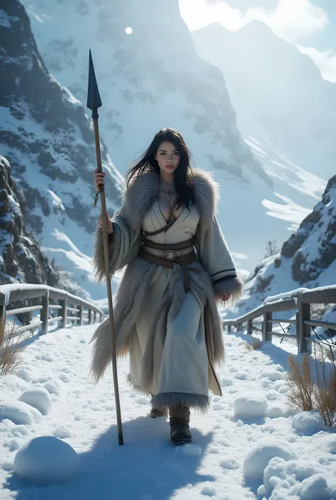 Ancient prehistoric age era, 

((Realistic cinematography ultra wide intricately angle of snowy bridge land on the landscape background)),walking body pose,((a primitive female eskimo Tribe across the land snowy bridge)),wearing fully long fur primitively ...