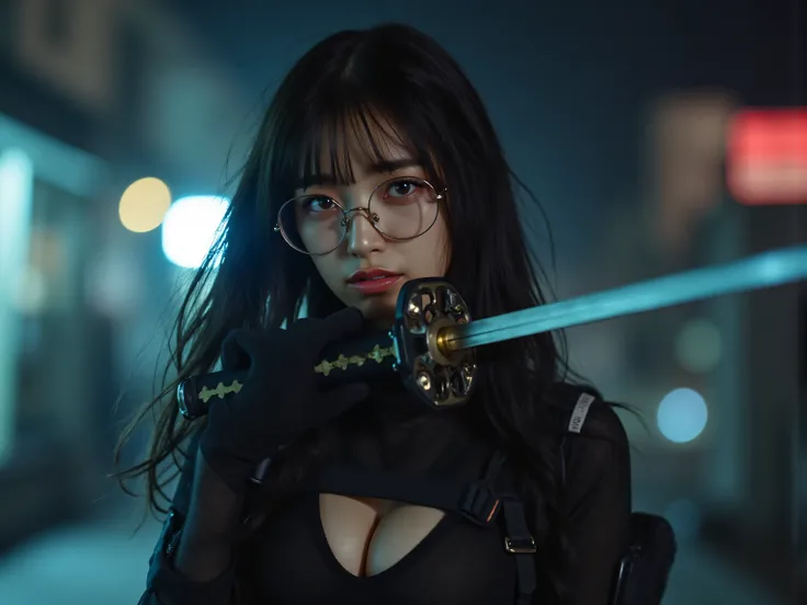 (((Midnight Future City Rooftop:2.0))),(((HR Giger-esque cyberpunk atmosphere:2.0))),(((Holding a cyberpunk-like Japanese sword:2.0))),standing in the teacher's house,one woman,(cute face:1.5),(Beautiful well-balanced face :1.5),(Wavy Black Hair:1.5),(beau...