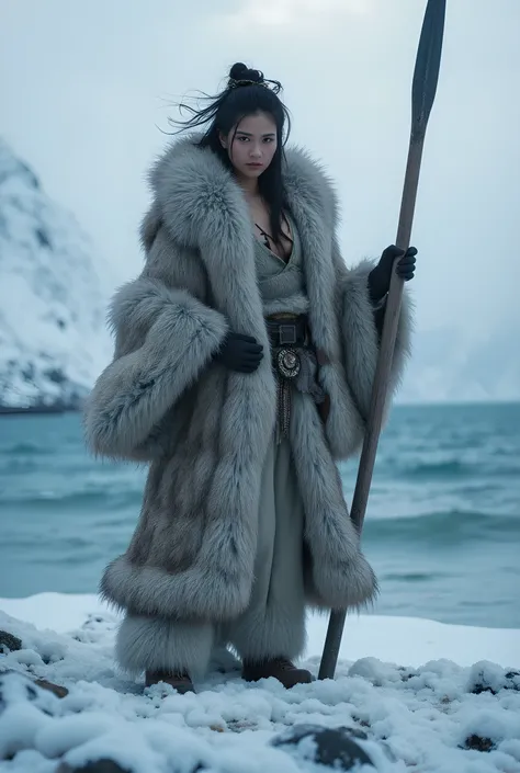 Ancient prehistoric age era, 

((Realistic cinematography ultra wide intricately angle of snowy bridge land on the landscape background)),walking body pose,((a primitive female eskimo Tribe)),wearing fully long fur primitively fabric kimono fur dress, rope...