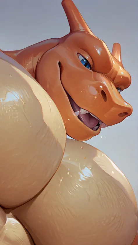 Huge, charizard, male swole muscled charizard, close look, bottom view, pecs focus, look at us over his pecs, horny, suggestive face, hyper pecs, hyper realistic, realistic, high res