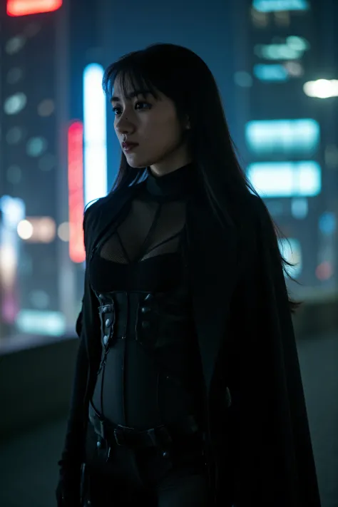 (((Midnight Future City Rooftop:2.0))),(((HR Giger-esque cyberpunk atmosphere:2.0))),(((Holding a cyberpunk-like Japanese sword:2.0))),standing in the teacher's house,one woman,(cute face:1.5),(Beautiful well-balanced face :1.5),(Wavy Black Hair:1.5),(beau...