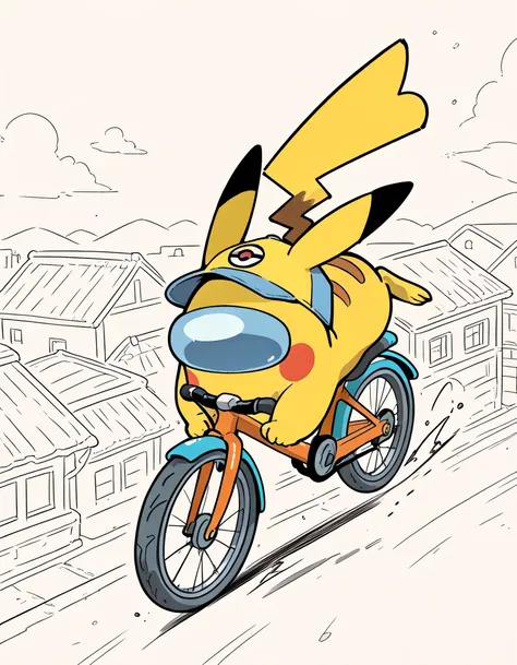 dynamic jumping high with riding bike),crewmate (among us),spacesuit, no humans, (pikachu(pokemon) cap), full body, solo,soft lineart,flat color,comic art,town scene