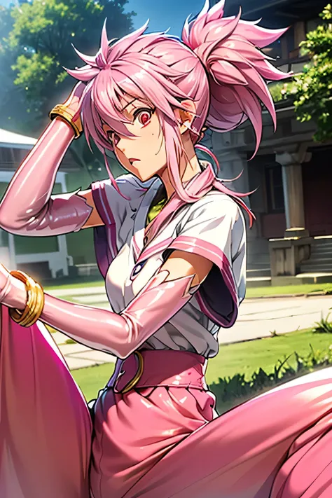 Highest Quality,highest resolution,(((shiny white clothes　 shiny pink loose pants　shiny pink hair　ponytail　red eyes　Girl　sweat　shiny skin)))　Tales of Fantasia　Arche 