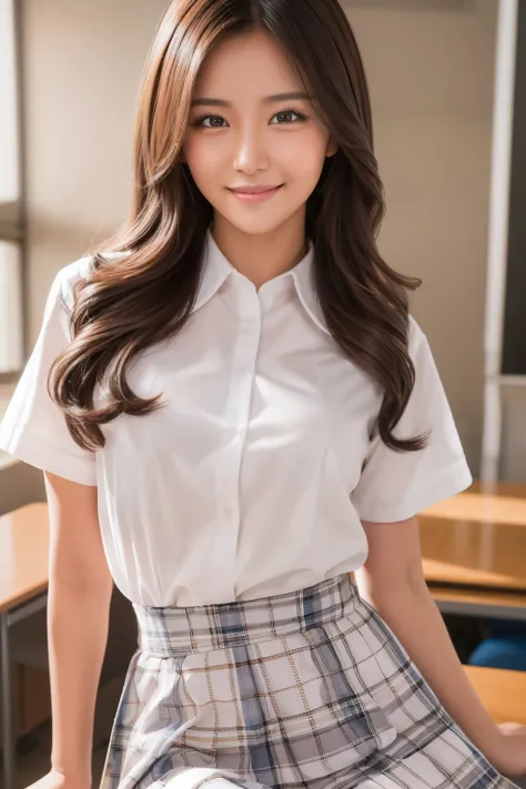 the best quality, 8K, police vehicles, Highly detailed face and skin texture, glowing skin focus, High resolution, Sexy Japanese girl wearing white shirt and plaid skirt in the classroom with a big smile, sharp focus