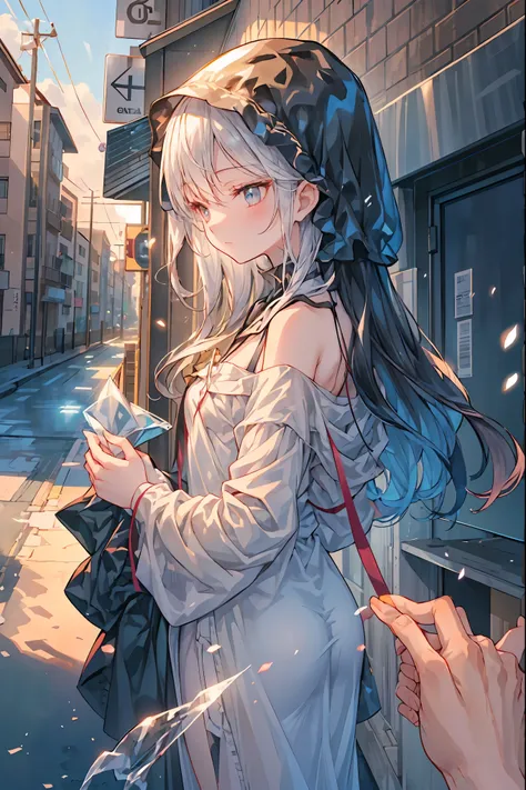 Ice Beauty，it suddenly melts into the back of the icy exterior、Let's catch a soft gaze，crystal clear skin、Delicate Eyes、Snow Woman Standing in a Frozen Metropolis、An expression that makes you feel humanity's sorrow 、4k、ultra-detailed、photorealistic、HDR、Fri...