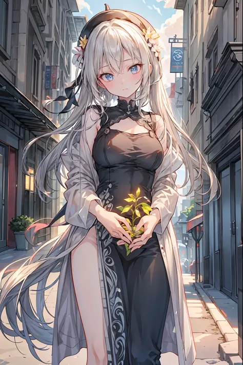 Ice Beauty，it suddenly melts into the back of the icy exterior、Let's catch a soft gaze，crystal clear skin、Delicate Eyes、Snow Woman Standing in a Frozen Metropolis、An expression that makes you feel humanity's sorrow 、4k、ultra-detailed、photorealistic、HDR、Fri...