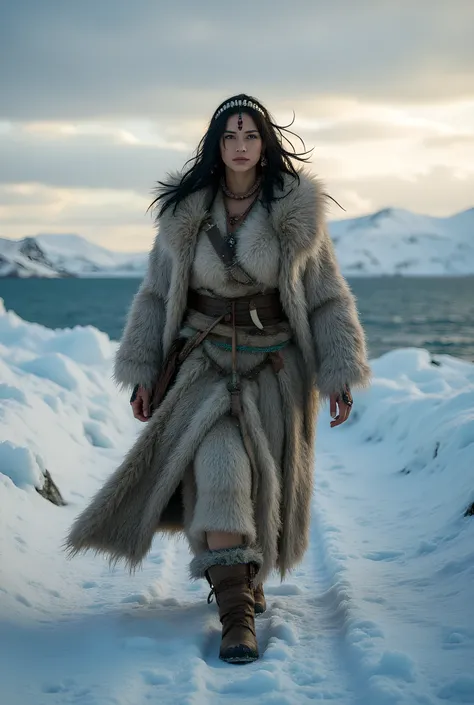 Ancient prehistoric age era, 

((Realistic cinematography ultra wide intricately angle of snowy path land on the landscape background)),walking body pose,((a primitive female eskimo Tribe across the land snowy path)),wearing fully long fur primitively fabr...