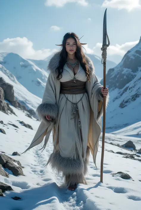 Ancient prehistoric age era, 

((Realistic cinematography ultra wide intricately angle of snowy path land on the landscape background)),walking body pose,((a primitive female eskimo Tribe across the land snowy path)),wearing fully long fur primitively fabr...