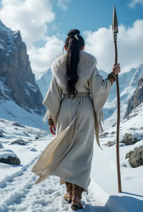 Ancient prehistoric age era, 

((Realistic cinematography ultra wide intricately angle of snowy path land on the landscape background)),walking body pose,((a primitive female eskimo Tribe across the land snowy path)),wearing fully long fur primitively fabr...
