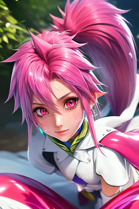 Highest Quality,highest resolution,(((shiny white clothes　 shiny pink loose pants　shiny pink hair　ponytail　red eyes　Girl　sweat　shiny skin)))　Tales of Fantasia　Arche Klein