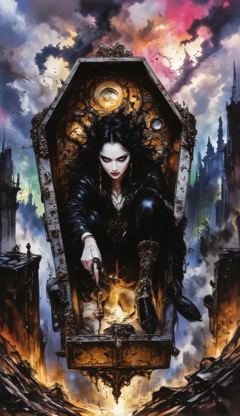Vampire Realm, long lens oil painting, using thick, high angle view, depicts a regal vampire noble, dimensional atmosphere, drifting on a diesel-punk coffin-shaped hover-throne. She sits in a bright leather seat, bold texture oil painting, wearing a shiny,...