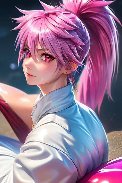 Highest Quality,highest resolution,(((shiny white clothes　 shiny pink loose pants　shiny pink hair　ponytail　red eyes　Girl　sweat　shiny skin)))　Tales of Fantasia　Arche Klein