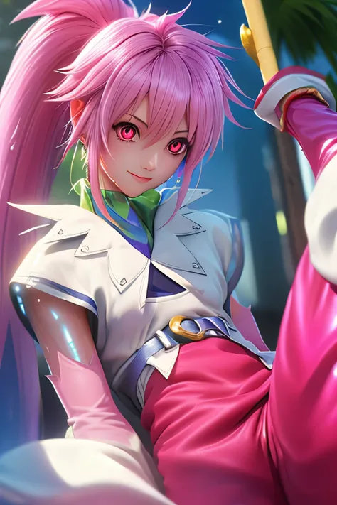 Highest Quality,highest resolution,(((shiny white clothes　 shiny pink loose pants　shiny pink hair　ponytail　red eyes　Girl　sweat　shiny skin)))　Tales of Fantasia　Arche Klein
