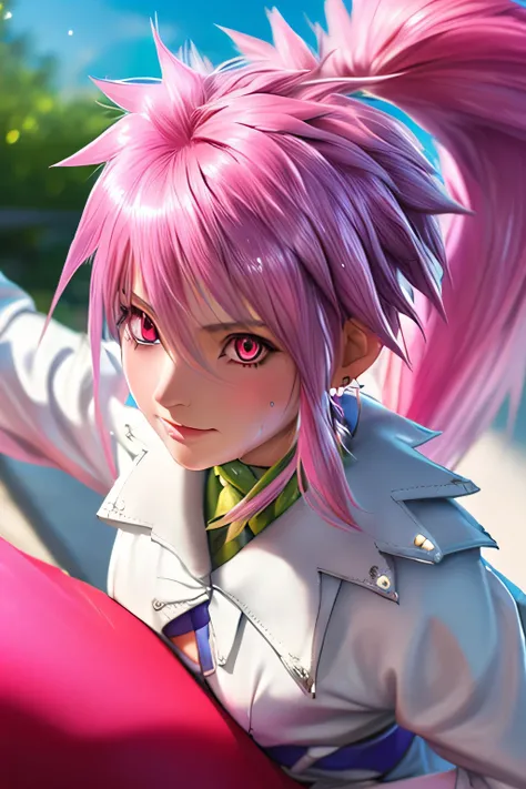 Highest Quality,highest resolution,(((shiny white clothes　 shiny pink loose pants　shiny pink hair　ponytail　red eyes　Girl　sweat　shiny skin)))　Tales of Fantasia　Arche Klein
