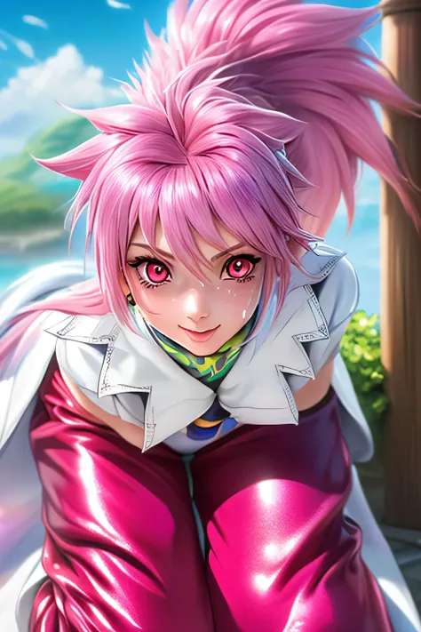 Highest Quality,highest resolution,(((shiny white clothes　 shiny pink loose pants　shiny pink hair　ponytail　red eyes　Girl　sweat　shiny skin)))　Tales of Fantasia　Arche Klein