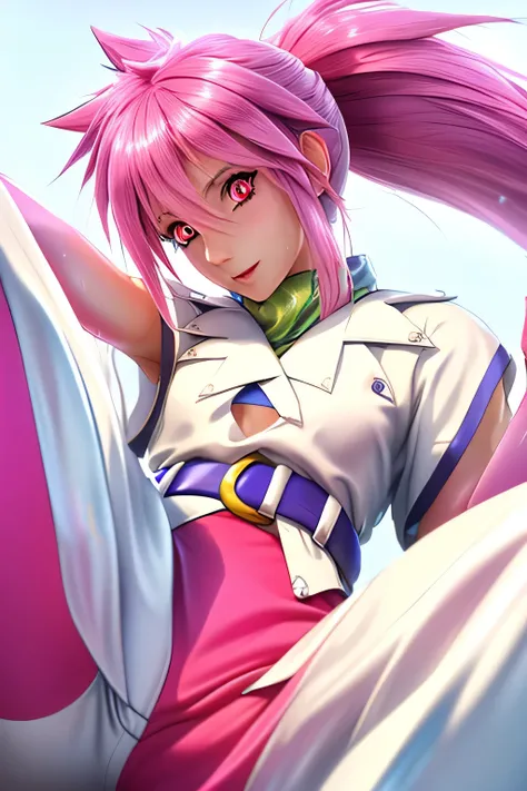 Highest Quality,highest resolution,(((shiny white clothes　 shiny pink loose pants　shiny pink hair　ponytail　red eyes　Girl　sweat　shiny skin)))　Tales of Fantasia　Arche Klein
