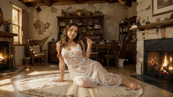 Photorealistic, A detailed photograph of a Large, sunlit medieval-style library/study room. High, beamed wooden ceilings, stone walls, and arched windows. Warm, golden sunlight streams into the room, casting shadows across the patterned rug. A large stone ...