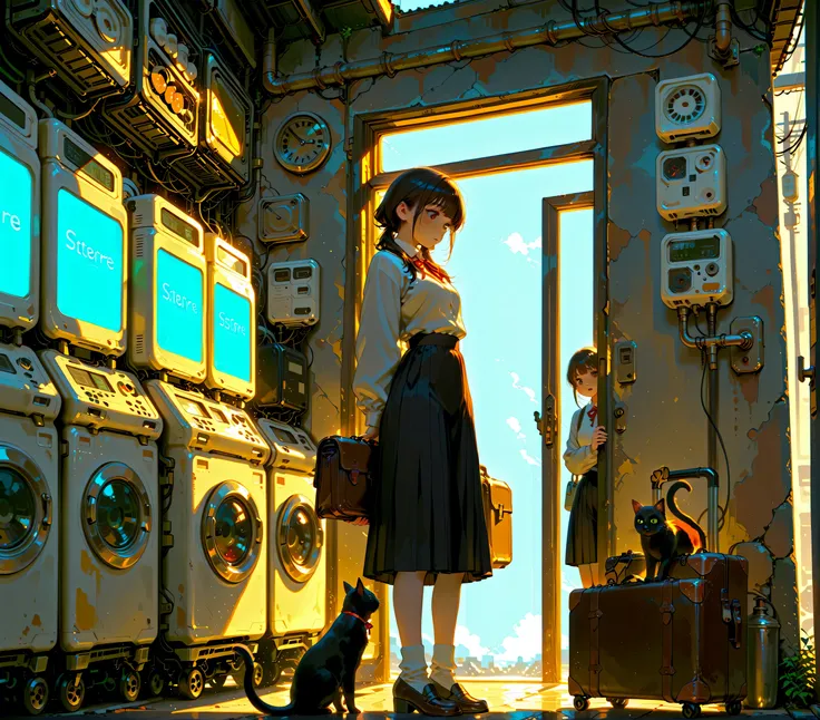 Un magasin vendant des produits de beauté, propreté, Appareils électroménagers, Mallettes, accessoires, Le magasin est illuminé, petit et confortable, il y a une femme qui vend dans des vêtements de vendeuse, accompagné d'un chat noir