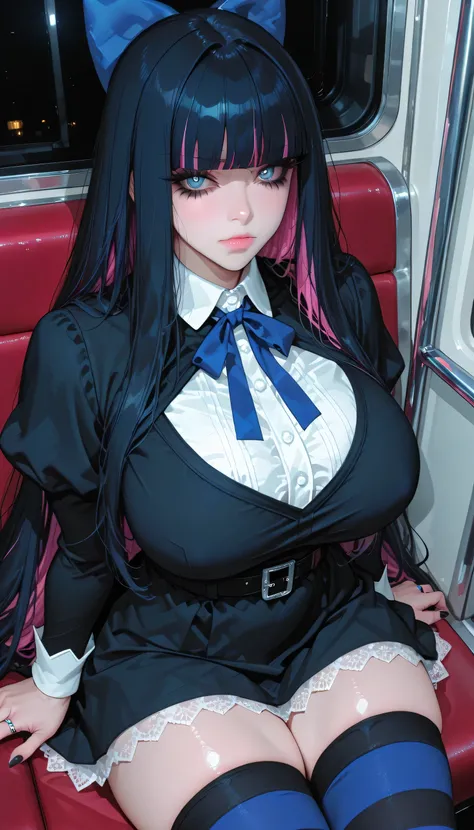 score_9, score_8_up, score_7_up,amazing quality,source_anime,morimee_style,highly detailed,shiny skin,sharp face,clear eyes,two-tone_hair,colored inner hair,5'57"_woman,adult woman,25 years old,stocking \(psg\),beautiful detailed blue_eyes,[gigantic_breast...