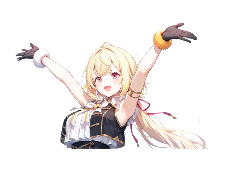 hand,nijisaracos,white shirt,frills shirt,shirt overhang,sleeveless,black vest,crop top vest,open vest,aiguillette,gold trim,white bow,yellow brooch,high-waist skirt,white skirt,frilled skirt,layered skirt,single thigh strap,fur-trimmed gloves,((detailed h...