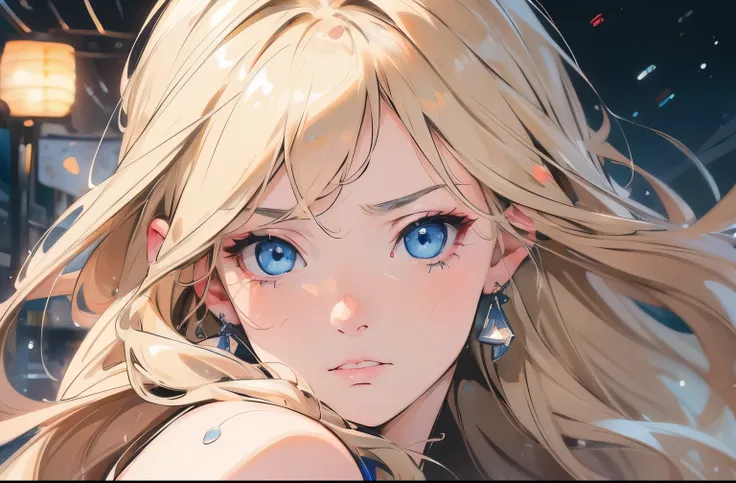 sad expression、summer night、 Midnight 、Blond woman with blue eyes and eyes、4K high definition、Ultra Fine、Vivid Colors、Realistic、HDR、UHD、Studio Lighting、super fine painting、sharp focus、physically-based rendering、Extreme Detailed Description、Professional、viv...