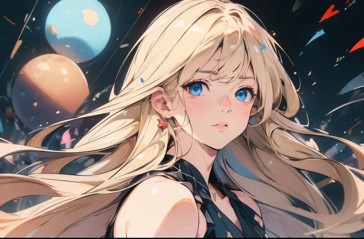 sad expression、summer night、 Midnight 、Blond woman with blue eyes and eyes、4K high definition、Ultra Fine、Vivid Colors、Realistic、HDR、UHD、Studio Lighting、super fine painting、sharp focus、physical based rendering、Extreme Detailed Description、Professional、vivid...