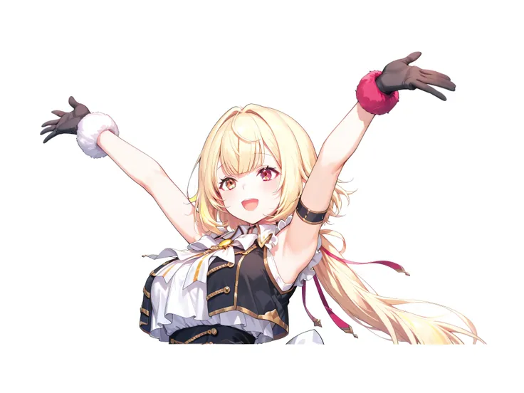 Shiny skin,hand,nijisaracos,white shirt,frills shirt,shirt overhang,sleeveless,black vest,crop top vest,open vest,aiguillette,gold trim,white bow,yellow brooch,high-waist skirt,white skirt,frilled skirt,layered skirt,single thigh strap,((spread fingers)),(...