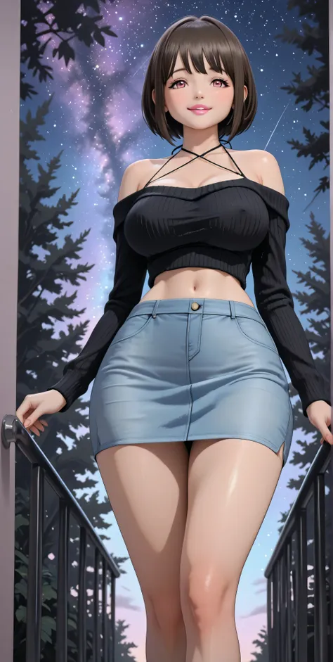 ((UHD. 4k. masterpiece. Perfect anatomy. Hyper-detailed.))

A preteen with the body of a mature MILF.   has a round face , Brown bob hair, bangs, big pink eyes, pink lipstick, half-open lips. Flirty and charming look. Slight bold smile.
She wears a short b...