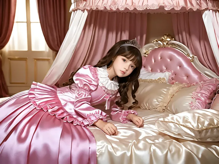 on the bed,Canopy Bed,,Highest Quality, masterpiece, highest resolution, art work, super それにget used to it, many get used to it, get used to it, それにget used to it, 3k photos,,(( Little Girls)),((12 years old)),super fine young face,The three are princesses...