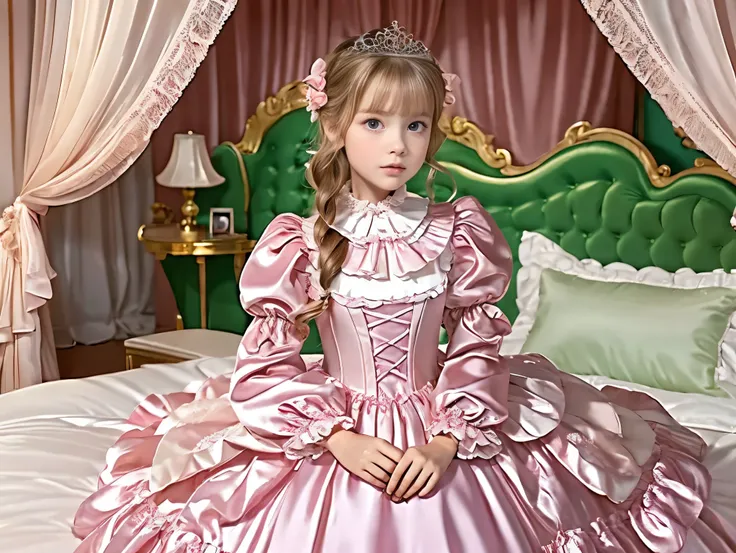 on the bed,Canopy Bed,,Highest Quality, masterpiece, highest resolution, art work, super それにget used to it, many get used to it, get used to it, それにget used to it, 3k photos,,(( Little Girls)),((12 years old)),super fine young face,The three are princesses...