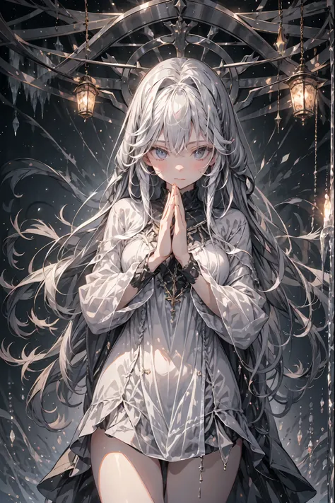 Freezing Beauty、Gentle Gaze Occasionally Peeking Under a Ghostly Appearance masterpiece, Realistic, prayer,Joining hands in prayer,🙏,Beautiful Portrait, high resolution, Vivid Colors, Fine Texture, extreme detail depiction, Professional Shooting, bokeh, HD...