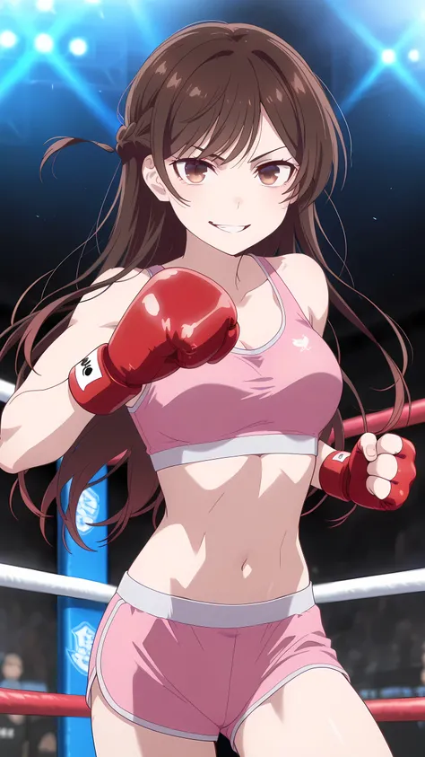 Chizuru Ichinose, brown hair, brown eyes, long hair, braid,, solo, (pink sports bra, pink boy-leg cut sports underwear, white fingerless gloves), serious grin, toned slim body, slim waist, looking at viewer, extremely detailed eyes and face, torso, medium ...