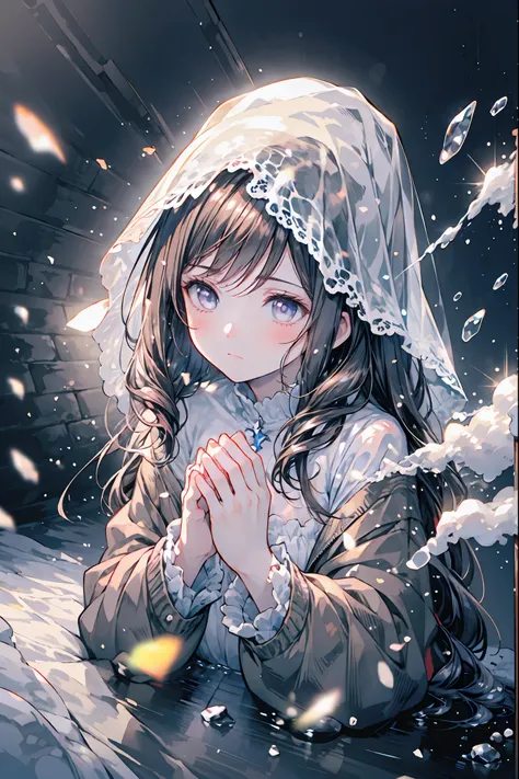Frozen Beauty、A Gentle Gaze That Occasionally Peeks Under Her Ghostly Exterior masterpiece, Realistic, prayer，Joining hands in prayer，🙏，Beautiful Portrait, high resolution, Vivid Colors, Fine Texture, extreme detail depiction, Professional Shooting, bokeh,...