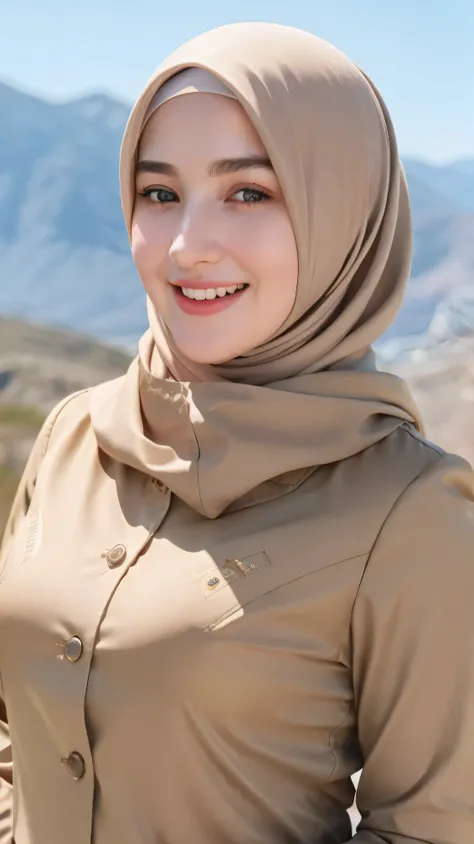 1 woman, 22 years old, beautiful, Russian features, soft baby face, fair skin, wearing elegant hijab clothing, large chest, top buttons open, half body to mid-thigh shot, standing on a mountain, wind blowing gently on her clothes, laughing cheerfully, cine...