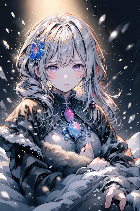 Frozen Beauty、A Gentle Gaze That Occasionally Peeks Under Her Ghostly Exterior masterpiece, Realistic, prayer，Joining hands in prayer，🙏，Beautiful Portrait, high resolution, Vivid Colors, Fine Texture, extreme detail depiction, Professional Shooting, bokeh,...