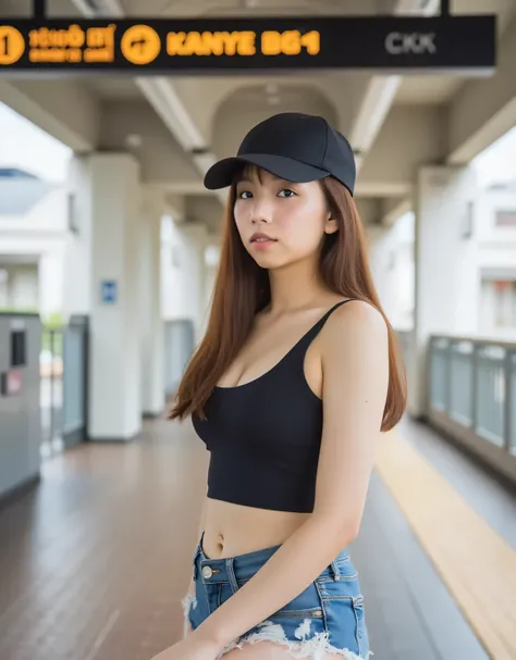 A young woman with a perfect figure, long brown hair and fair skin, wearing a tight black cropped sleeveless tank top, micro-distressed denim shorts and a black cap, is gracefully posing on the platform of a realistic BTS Skytrain station in Bangkok. The u...