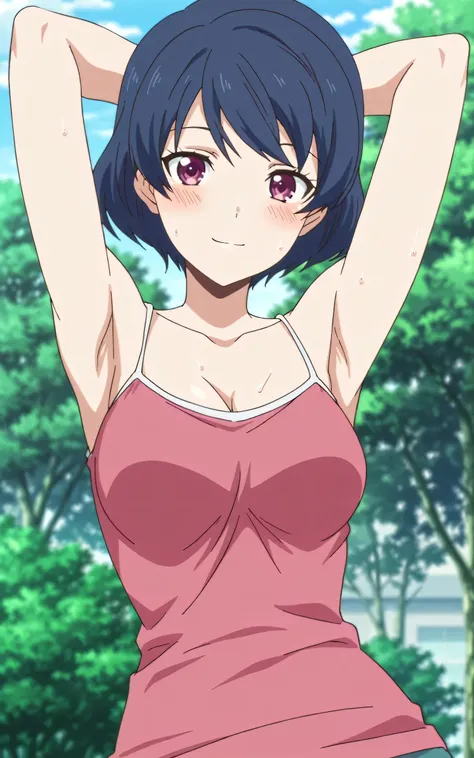 masterpiece, best quality, amazing quality, anime screencap, anime coloring, 1girl, solo, tachibana rui, medium breasts, short hair, blue hair, choppy bangs, purple eyes, pink tank top, spaghetti straps, skindentation, (sweaty:0.7), bare shoulders, bare ar...