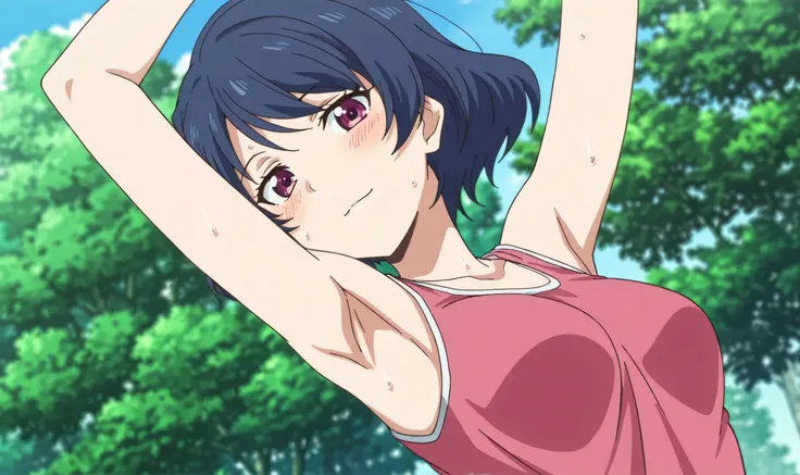 masterpiece, best quality, amazing quality, anime screencap, anime coloring, 1girl, solo, tachibana rui, medium breasts, short hair, blue hair, choppy bangs, purple eyes, pink tank top, spaghetti straps, skindentation, (sweaty:0.8), bare shoulders, bare ar...