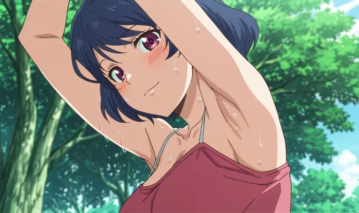 masterpiece, best quality, amazing quality, anime screencap, anime coloring, 1girl, solo, tachibana rui, medium breasts, short hair, blue hair, choppy bangs, purple eyes, pink tank top, spaghetti straps, skindentation, (sweaty:0.8), bare shoulders, bare ar...